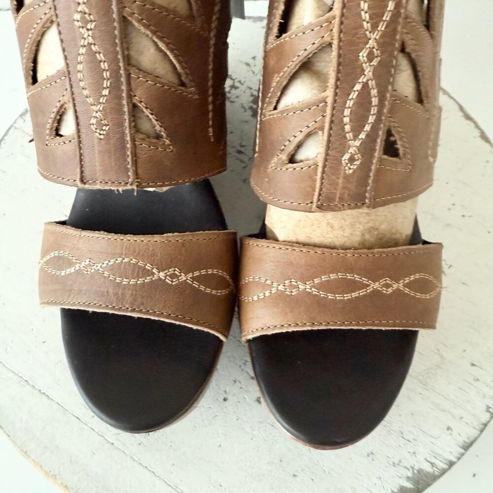 Lane Becca Leather Wedge Sandals Womens 8 Desert Clay Western Cutout Wooden Heel - Picture 5 of 12